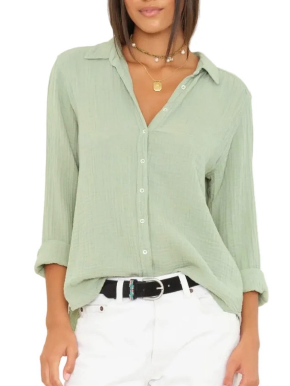 OuterKnown Shirt Cotton Gauze Long Sleeve Button Front Green Scout Sz S Casual